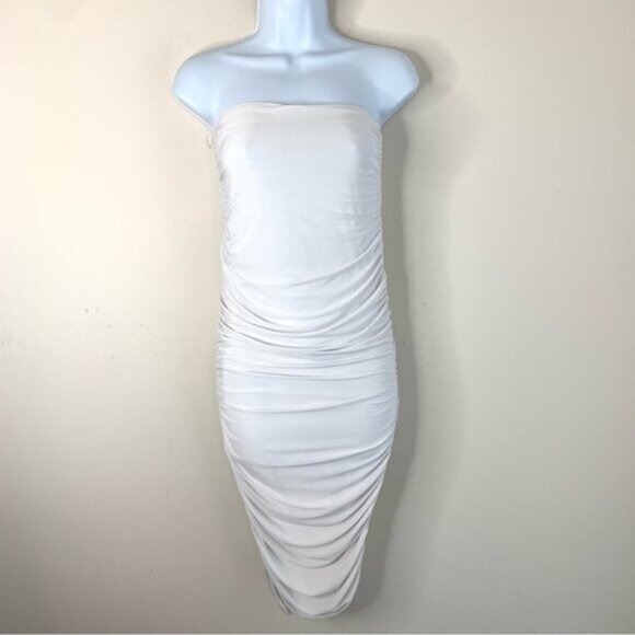 Pretty Little Thing Women's Midi Dress Tube Ruched Side Strapless White Draped - Picture 3 of 12